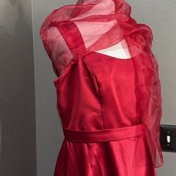 David's Bridal Red Satin Dress F14556 with Sheer Shawl Tea length Wide Strap - Picture 5 of 11